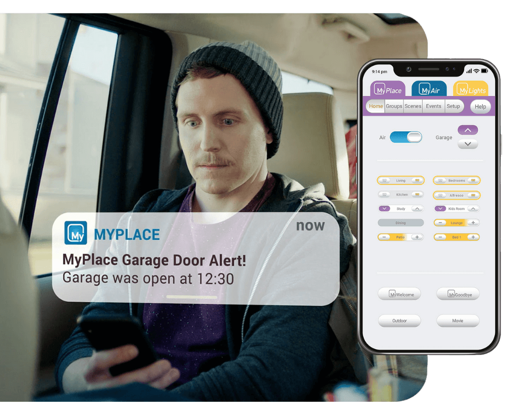 MyPlace app sending a garage door alert to a phone