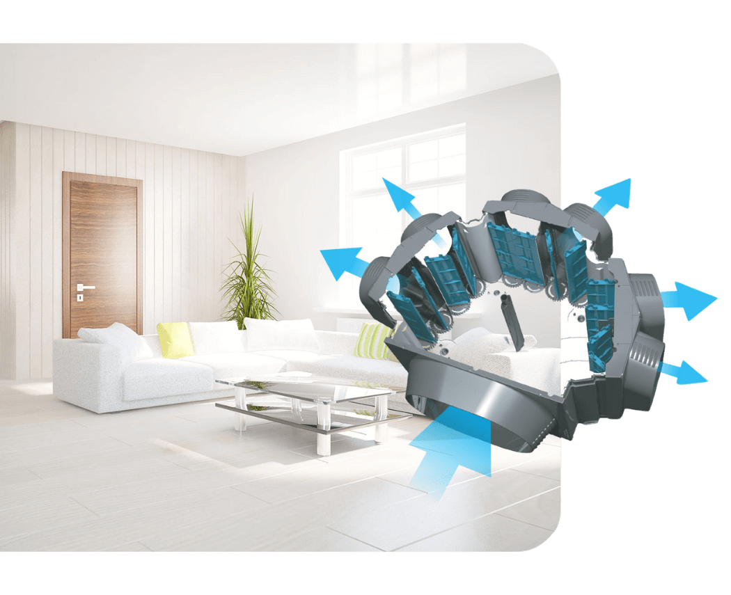 MyAir Exact Air Regulator directing balanced airflow into a living room